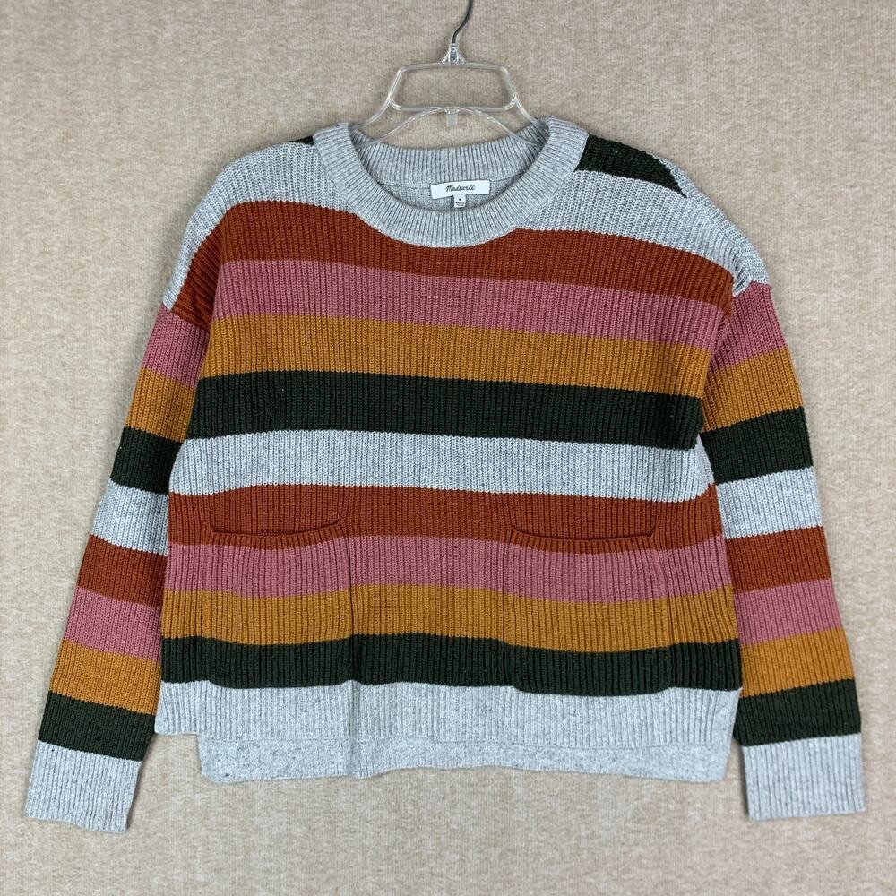 Madewell Striped Sweater M Color Block Cropped Crew Neck Chunky Knit Ribbed